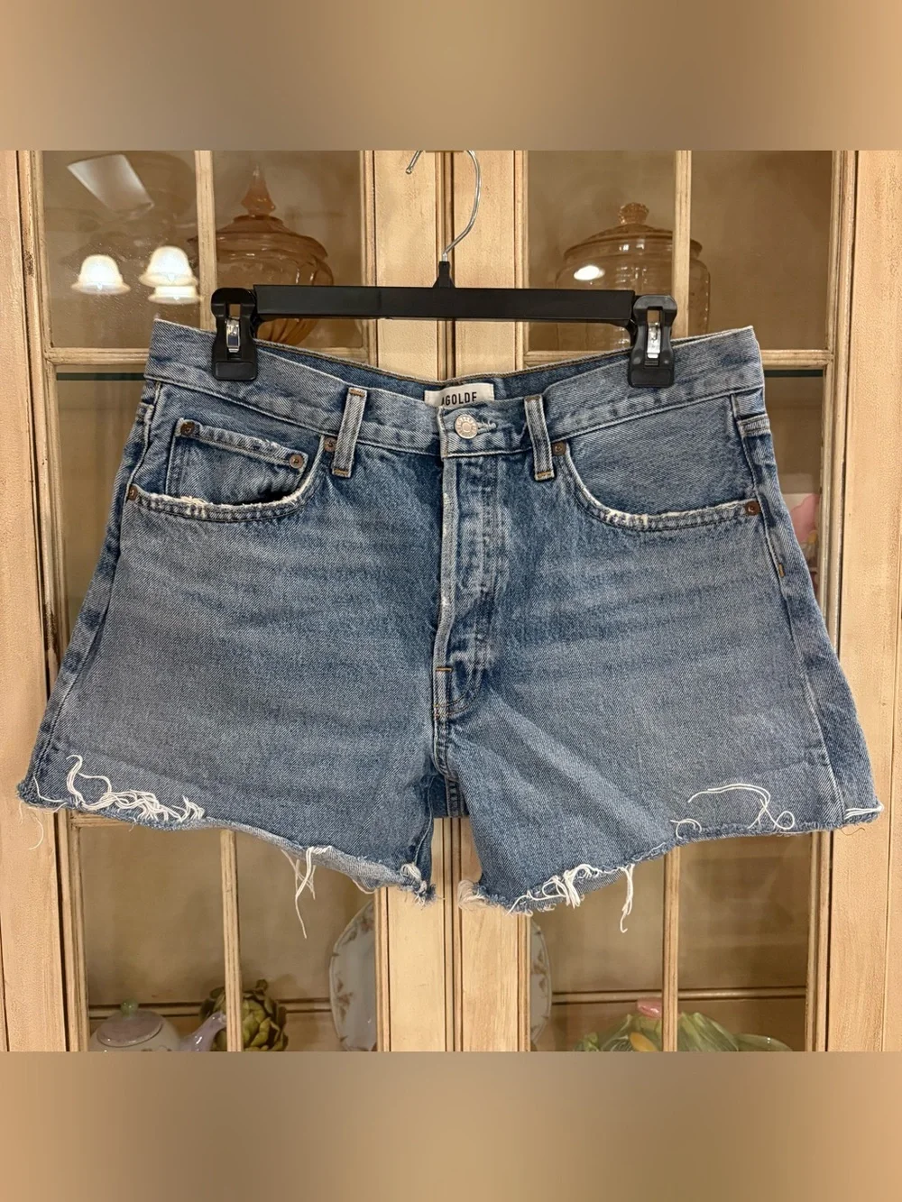 Agolde Parker Long Distressed Blue Denim Shorts Made from Organic Cotton